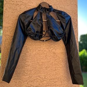 BLACK LEATHER UNDERBUST CUT OUT CROP TOP | US 4 UK 8